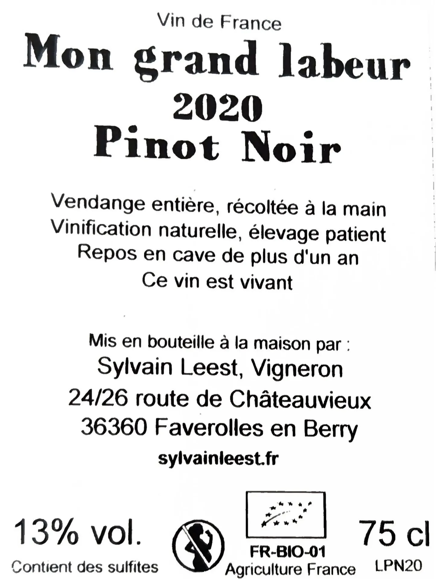 [FR-SYLE008-WINE-20075] Sylvain Leest -  Mon Grand Labeur - Pinot Noir - 2020