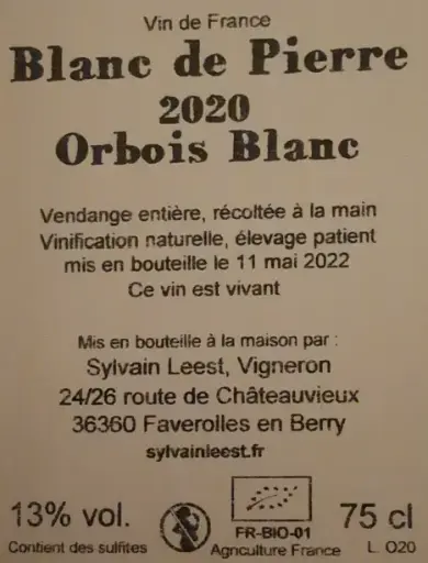 [FR-SYLE006-WINE-20075] Sylvain Leest -  Blanc De Pierre - Orbois - 2020